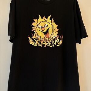 Supreme Black Short Sleeve Tee with Yellow Flame Sun Graphic